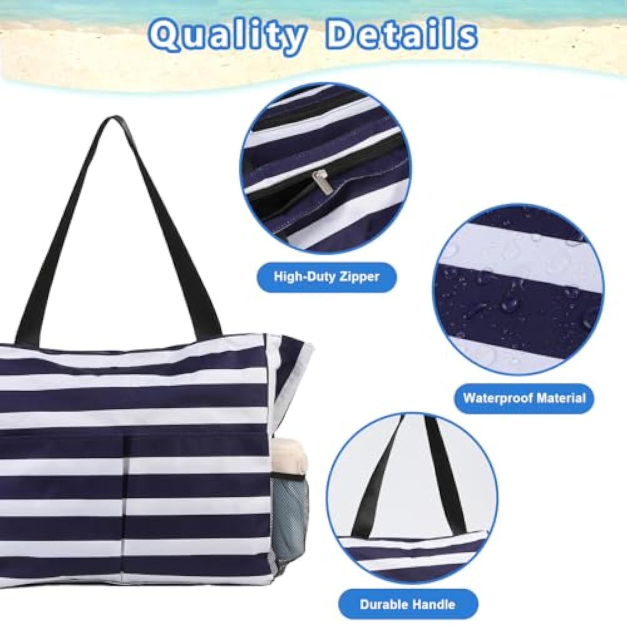 Women's Large Waterproof Beach Tote Bag with Zipper